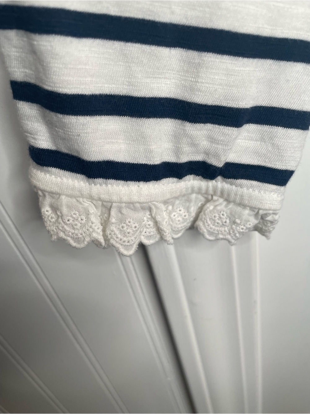 Boden Broderie Lace Ruffle Detail Striped Top Feminine Nautical in Blue/White 14 - Picture 8 of 12